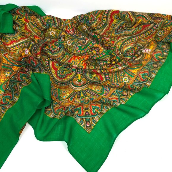 Vintage 80's Square 100% Wool Green Scarf Shawl Intricate Paisley Design. - Picture 15 of 16